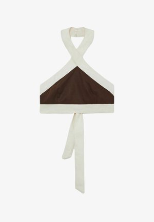 Barna és krém színű, keresztbe befűzött nyakpántos top, amely megkötővel záródik. Jellemzi a texturált szövet és a kontrasztos színű panelek.