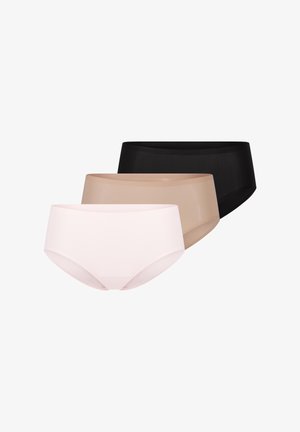 Trois culottes en noir, nude et rose pâle, fabriquées dans un tissu lisse et extensible avec un design sans coutures et une taille mi-haute.