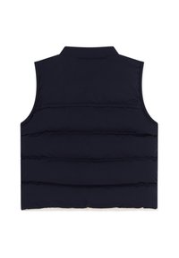 Temno modra puhasta telovnik z visokim ovratnikom, s prešito teksturo in brez vidnih zapenjanj. Pogled od zadaj, brez rokavov, mehka tkanina.