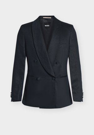 Black double-breasted blazer with satin peak lapels, four front buttons, two lower pockets, and a chest welt pocket, labeled "BOSS" inside.