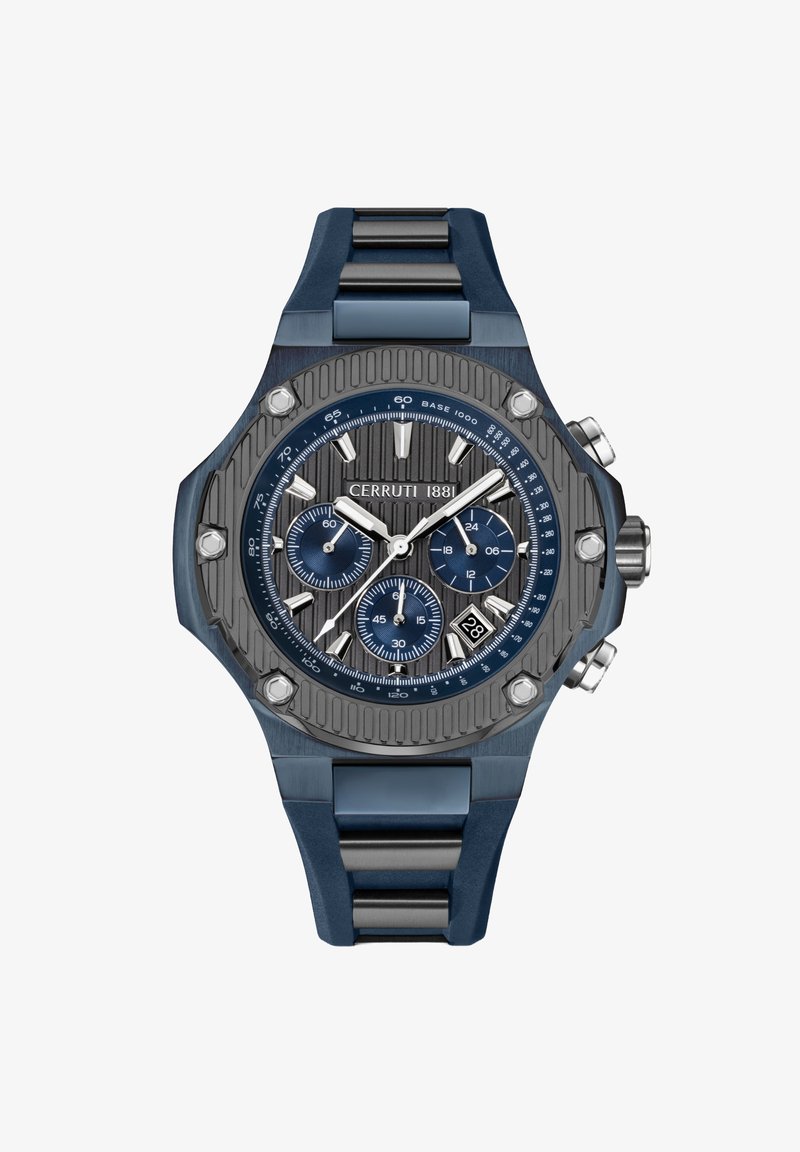 Cerruti 1881 hronogrāfa pulkstenis ar zilu silikona siksnu, pelēku un zilu ciparnīcu, teksturētu rāmi, sudraba akcentiem un trim subciparnīcām.