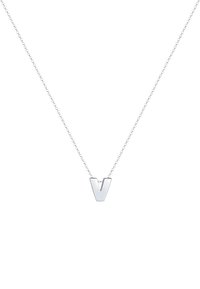 Silberne Halskette mit einem polierten Anhänger in Form des Buchstabens "V" an einer zarten Kette. Das Design ist minimalistisch mit glatten Oberflächen und einer schlichten Form.