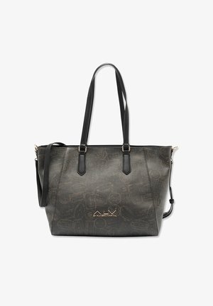 Borsa tote nera con motivo testurizzato, doppi manici e logo dorato. Realizzata in materiale sintetico, presenta una forma strutturata e un ampio interno.