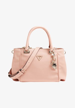 Lys pink lædertaske med dobbelte håndtag og en justerbar rem. Udstyret med et metallisk logo og en charm med sølv accenter.