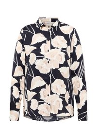 Chemise à manches longues florale en bleu marine avec des fleurs beige et des contours noirs. Dispose d'un bouton sur le devant et d'un col standard.