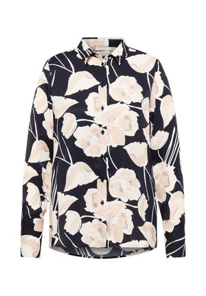 Bloemen blouse met lange mouwen in marineblauw met beige bloemen en zwarte omtrekken. Voorzien van een knoopsluiting aan de voorkant en een standaard kraagontwerp.