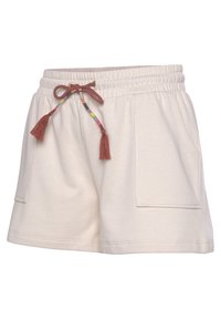 Helle beige Baumwollshorts mit elastischem Bund, dekorativem Kordelzug mit bunten Perlen und zwei Seitentaschen.