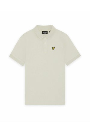 Lyse beige kortærmet polo med krave, tre knapper og lille gul og sort broderet logo på venstre bryst.