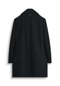 Cappotto nero con colletto alto e maniche lunghe, caratterizzato da una vestibilità dritta, una texture liscia e un piccolo logo sul retro.