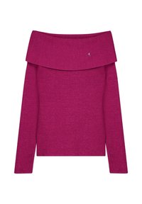 Fuchsia off-shoulder trui met lange mouwen, geribbelde textuur en een klein embleemaccent aan de voorkant. Geschikt voor casual wear.