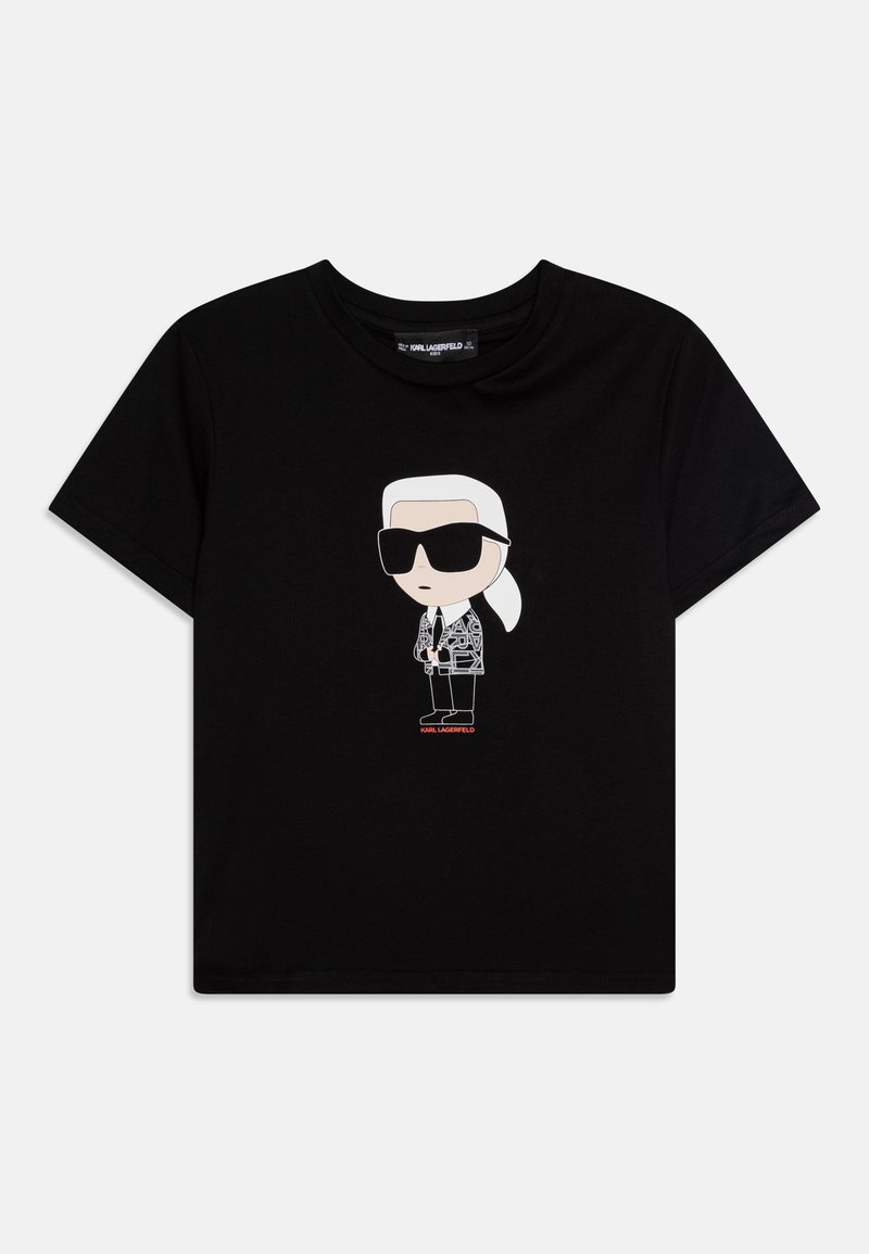 Svart bomullströja med en tecknad figur i sunglasses och kostym med mönster, med "Karl Lagerfeld" tryckt i orange nedanför.