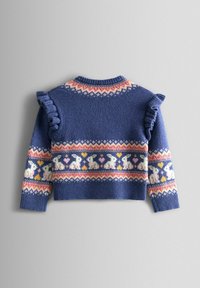 Modrá pletená sveter so volánovými rukávmi, Fair Isle vzor s bielymi zvieratami a srdci, okrúhly výstrih a rebrovaný lem.
