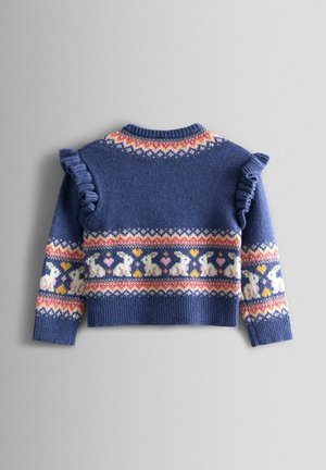 Pull en maille bleu avec des manches à volants, motif Fair Isle avec des animaux blancs et des cœurs, encolure ronde et ourlet côtelé.