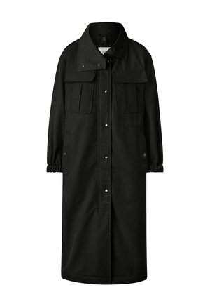 Langer schwarzer Mantel mit Druckknöpfen, elastischen Bündchen, zwei Brusttaschen mit Klappe und zwei Seitentaschen, ausgestattet mit einem hohen Kragen und Druckknopfverschluss.