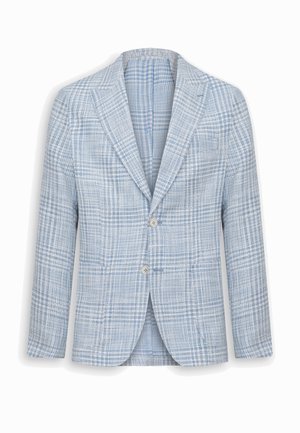 Niebiesko-biała kraciasta marynarka męska z klapami z wycięciem i dwoma przednimi guzikami na białym tle.