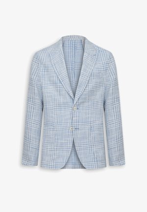 Niebiesko-biała kraciasta marynarka męska z klapami z wycięciem i dwoma przednimi guzikami na białym tle.