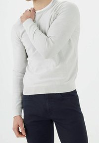 Pull gris clair avec un col rond et des manches longues. Texture tricotée avec des poignets et un ourlet côtelés. Jean foncé complète la tenue.