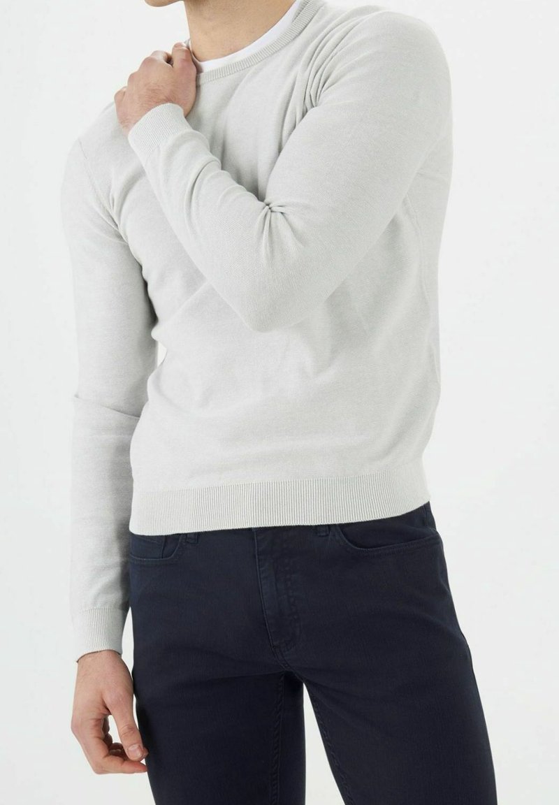 Pull gris clair avec un col rond et des manches longues. Texture tricotée avec des poignets et un ourlet côtelés. Jean foncé complète la tenue.