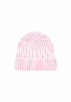 Rosa, gerippte Mütze aus weichem Strickmaterial. Verfügt über einen umgeschlagenen Bund und vertikale Streifen für eine strukturierte Optik.