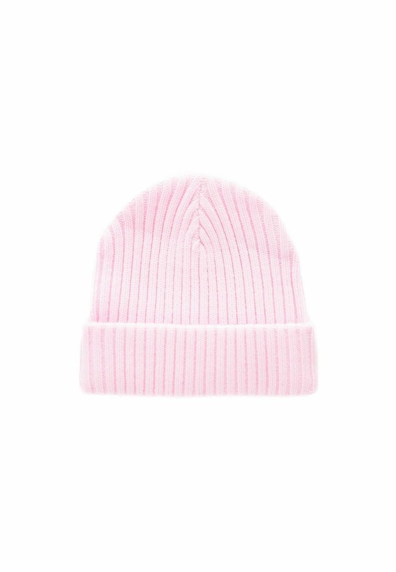 Rosa, gerippte Mütze aus weichem Strickmaterial. Verfügt über einen umgeschlagenen Bund und vertikale Streifen für eine strukturierte Optik.