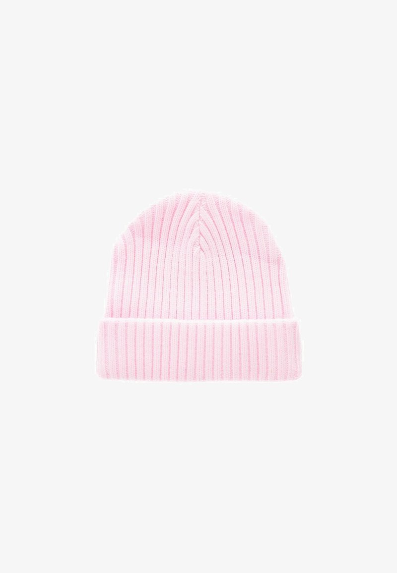 Rosa, gerippte Mütze aus weichem Strickmaterial. Verfügt über einen umgeschlagenen Bund und vertikale Streifen für eine strukturierte Optik.