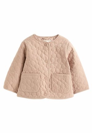 Jasna beżowa pikowana kurtka z okrągłym dekoltem, zapięciem na zatrzaski, dwoma przednimi kieszeniami i długimi rękawami.