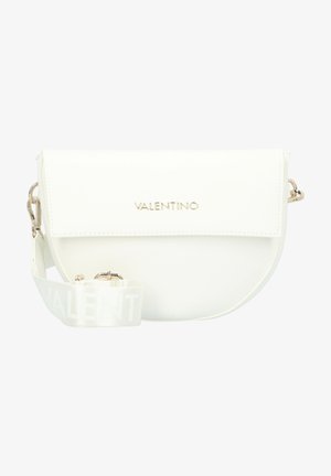 Balta ādas crossbody soma ar noapaļotu formu, magnētiskā flap aizdare un iegriezts "VALENTINO" logotips. Iespējama noņemama siksna.