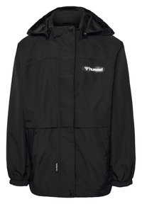 Czarna wodoodporna kurtka z kapturem, elastycznymi mankietami i dwiema przednimi kieszeniami. Posiada białe logo oraz schludny, prosty design.