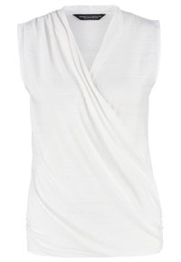 Witte mouwloze top van textuurstof met een wikkelontwerp en een gedrapeerde voorkant. Subtiel horizontaal patroon voegt dimensie toe.