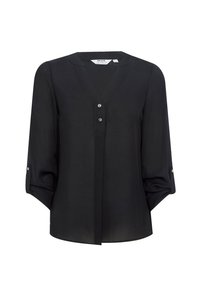 Blusa negra con escote en V y mangas de tres cuartos. Presenta tres botones en la parte frontal y mangas enrolladas con detalles de botones. Tela ligera.
