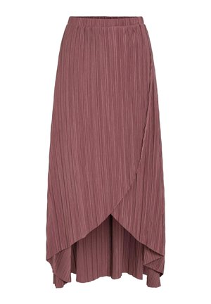 Lila pliseerattu kietaisuhame, jossa joustava vyötärönauha ja epäsymmetrinen korkea-matala helma.