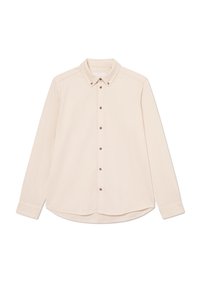 Long-sleeve shirt in light beige fabric featuring a collared neck, front button closure with brown buttons, and rounded hem.