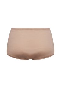 Beige bomuldsblanding hipster undertøj med en glat tekstur, elastisk talje og hel dækning design. Ingen mønstre eller accenter synlige.