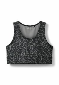 Svart och grå leopardmönstrad croptop med rund halsringning och breda band, tillverkad av elastisk tyg, med en tonad logotyp på fållen.
