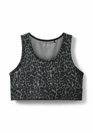 Svart och grå leopardmönstrad croptop med rund halsringning och breda band, tillverkad av elastisk tyg, med en tonad logotyp på fållen.