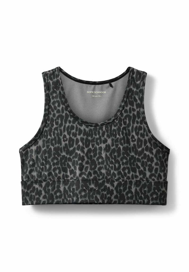 Svart och grå leopardmönstrad croptop med rund halsringning och breda band, tillverkad av elastisk tyg, med en tonad logotyp på fållen.