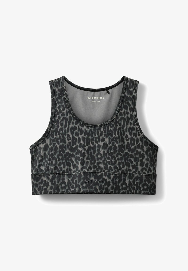 Fekete és szürke leopárdmintás fazonú crop top, kerek nyakkivágással és széles pántokkal, rugalmas anyagból készült, a hemnél tonális logóval.