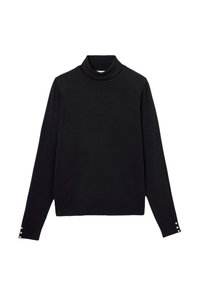 Pull à col roulé noir en tissu doux, doté de longues manches et d'accents de boutons aux poignets. Design simple et classique avec une coupe ajustée.