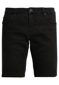 Black denim shorts with a straight cut, five pockets, and button closure. Textured fabric with slight fading and stitching details.