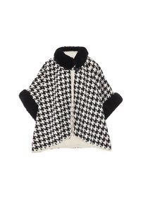 Svartvit houndstooth-cape med en plysch svart pälskrage och manschetter, avslutad med en flätad guldkant längs kanterna.