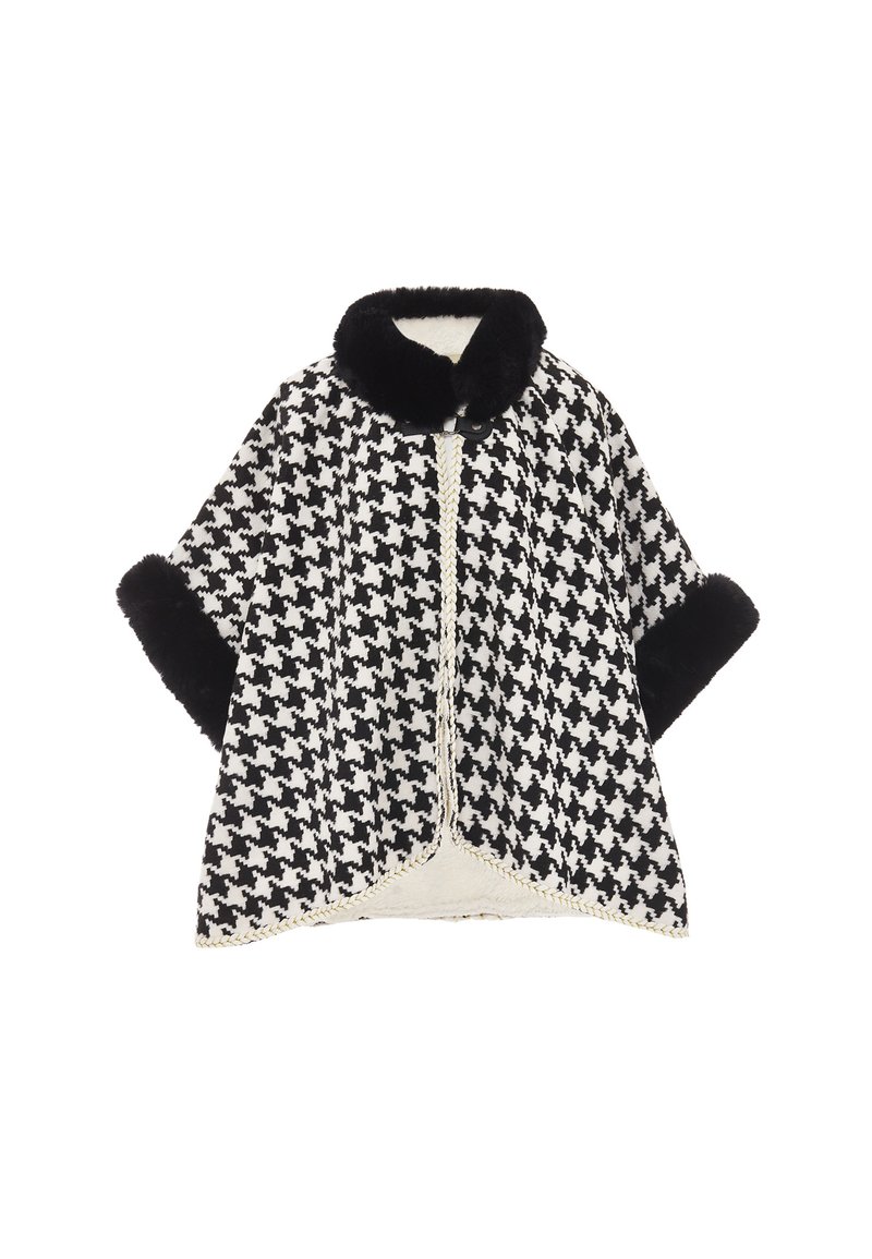 Svartvit houndstooth-cape med en plysch svart pälskrage och manschetter, avslutad med en flätad guldkant längs kanterna.