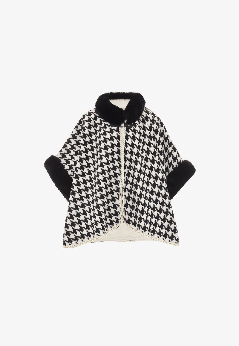 Sort-og-hvid houndstooth-kappe med en luksuriøs sort pelskrave og manchetter, afsluttet med en flettet guldkant langs kanterne.