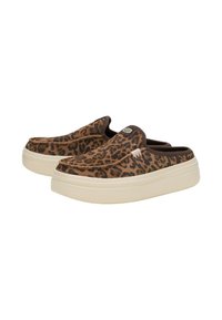 Scarpe slip-on con stampa leopardata, superiore in sintetico marrone, interno imbottito e suola in gomma spessa di colore crema.