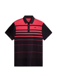 Koszulka polo z krótkim rękawem, z kołnierzykiem, w czarno-różowy pasowany wzór, wykonana z gładkiego, oddychającego materiału. Logo na piersi.
