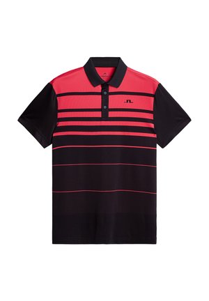 Koszulka polo z krótkim rękawem, z kołnierzykiem, w czarno-różowy pasowany wzór, wykonana z gładkiego, oddychającego materiału. Logo na piersi.