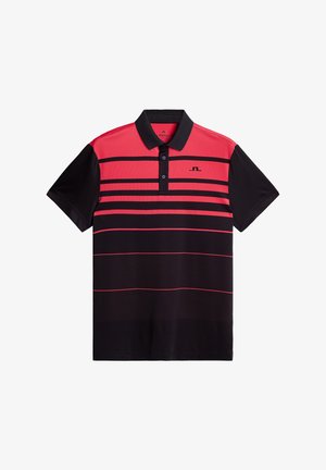 Polo à manches courtes avec un col, design en rayures noires et roses, en tissu lisse et respirant. Logo sur la poitrine.