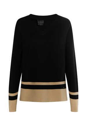 Schwarzer V-Ausschnitt-Pullover mit langen Ärmeln, der einen beigen und schwarzen gestreiften Saum aufweist. Hergestellt aus einem weichen Strickmaterial hat er eine lockere Passform.