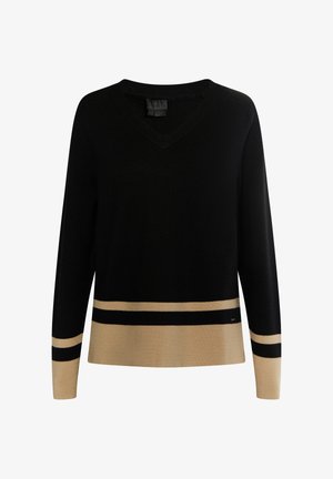 Schwarzer V-Ausschnitt-Pullover mit langen Ärmeln, der einen beigen und schwarzen gestreiften Saum aufweist. Hergestellt aus einem weichen Strickmaterial hat er eine lockere Passform.