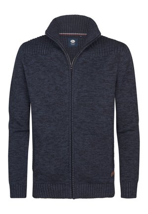 Cardigan tricotat de culoare bleumarin cu guler și manșete ribbate, fermoar complet, model texturat și etichetă din piele la baza.