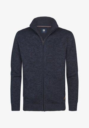 Cardigan de punto azul marino con cuello y puños acanalados, cremallera completa, patrón texturizado y etiqueta de cuero en la parte inferior.